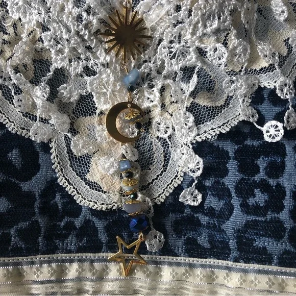 Bohemian Blue Animal Print Cross body Bag w/white lace,ribbon & blue aventurine